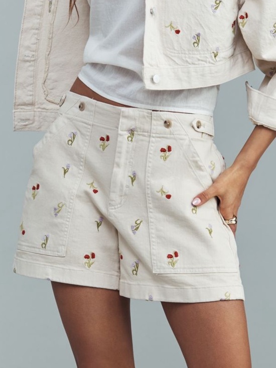 Pilcro Pants - Pilcro Cream Embroidered Floral Cotton Shorts